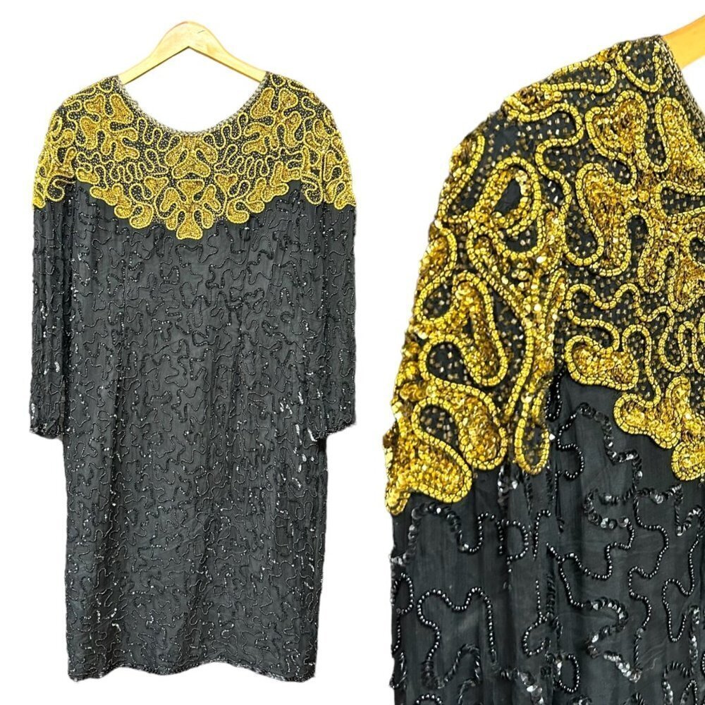 Roamans Womens Vintage Midi Dress Size A6 Gold, Black Silk Sequin